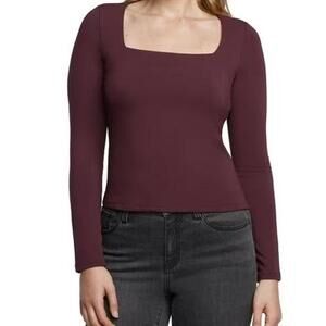 Express fitted ribbed square neck long-sleeve top in a burgundy